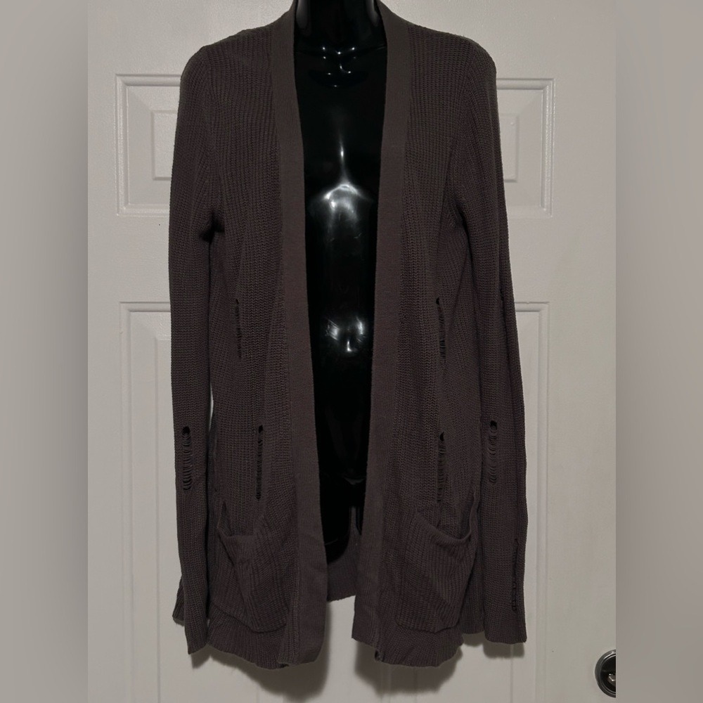 Daytrip Distressed Cardigan Womens Small Taupe Brown Knit Open Front Pockets Y2K